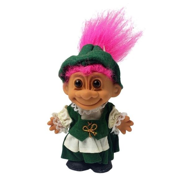 Vintage Russ Troll German Dolls 4.5" Around The World Pink Hair Green Outfit 90s - Picture 1 of 4